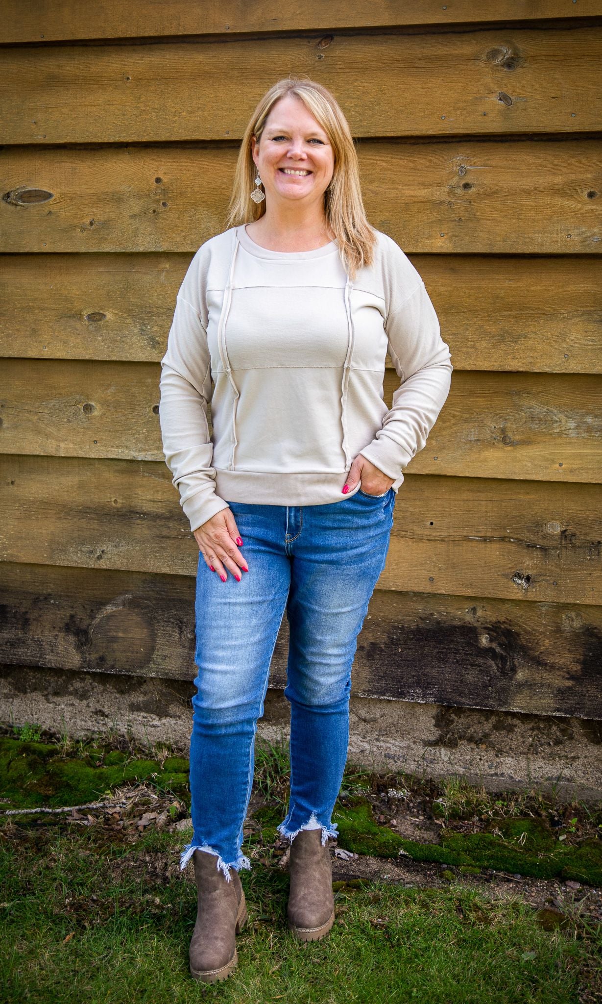 Checker Patch Crew Neck - Tan
