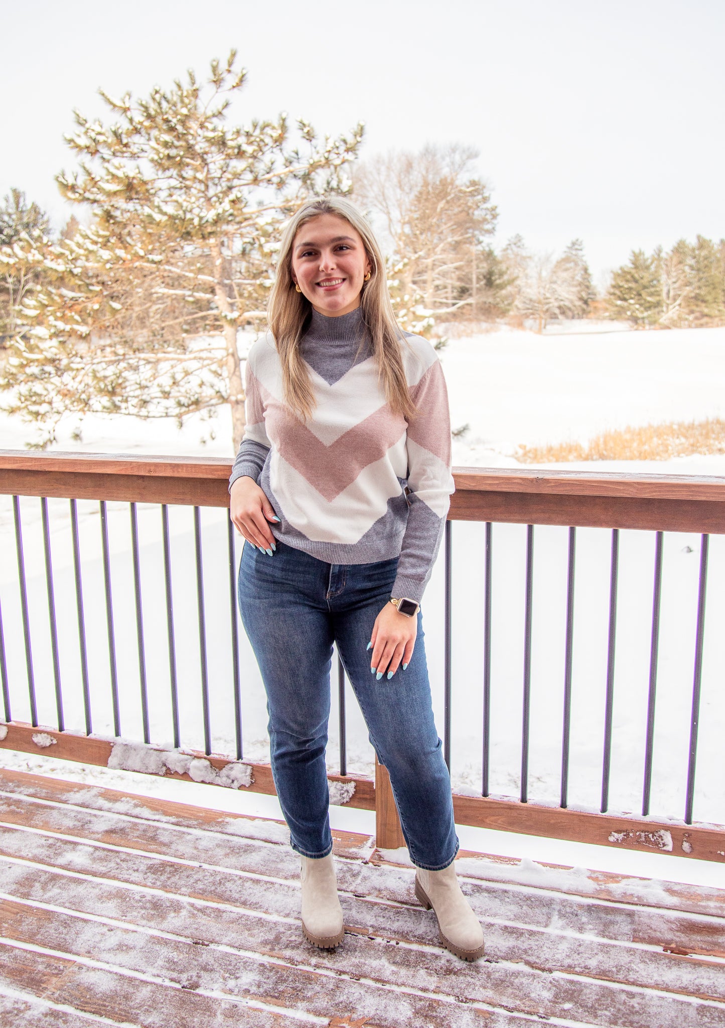 Mock Neck Color Block Sweater -Powder