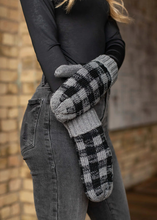 Gray & Black Buffalo Plaid Knit Mittens