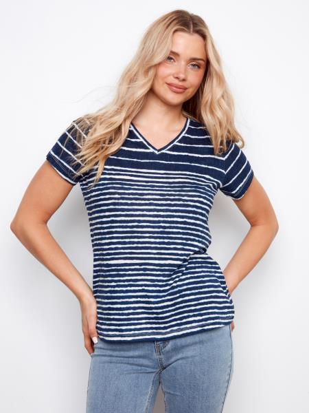 Printed Linen V-Neck Tee
