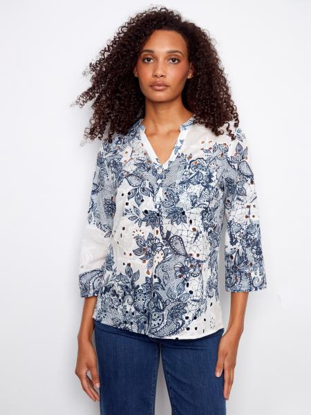 Eyelet Half Button Blouse