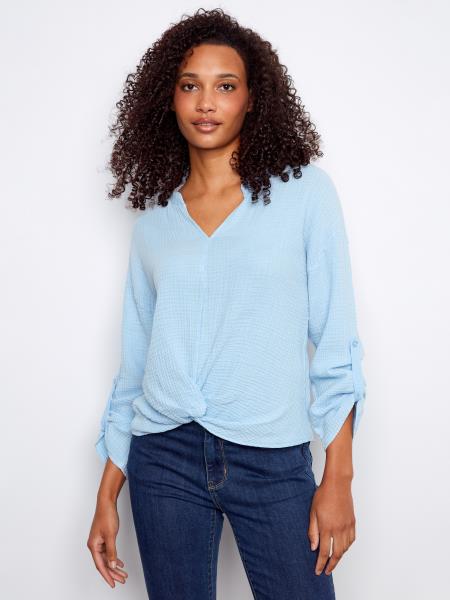 Split Neck Blouse w/Front Twist