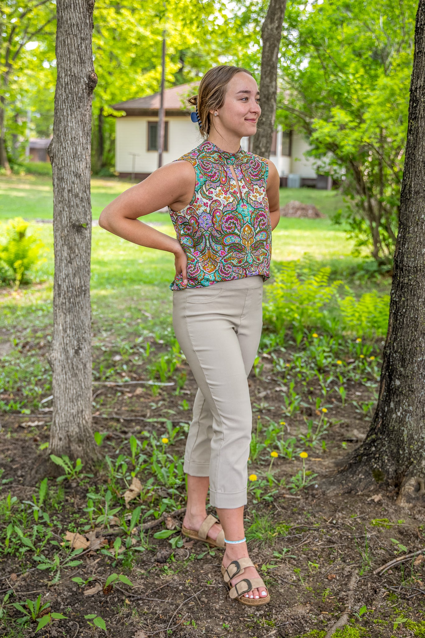 Solid Pull On Stretch Cropped Cuffed Pant