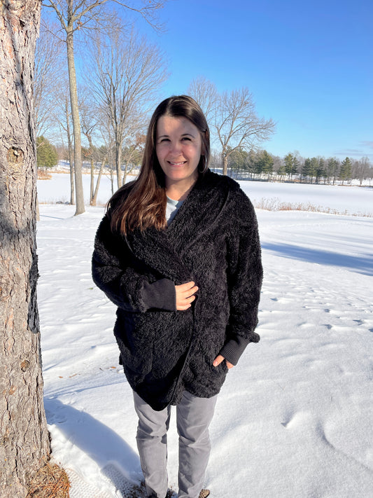 Fur open jacket with a hood