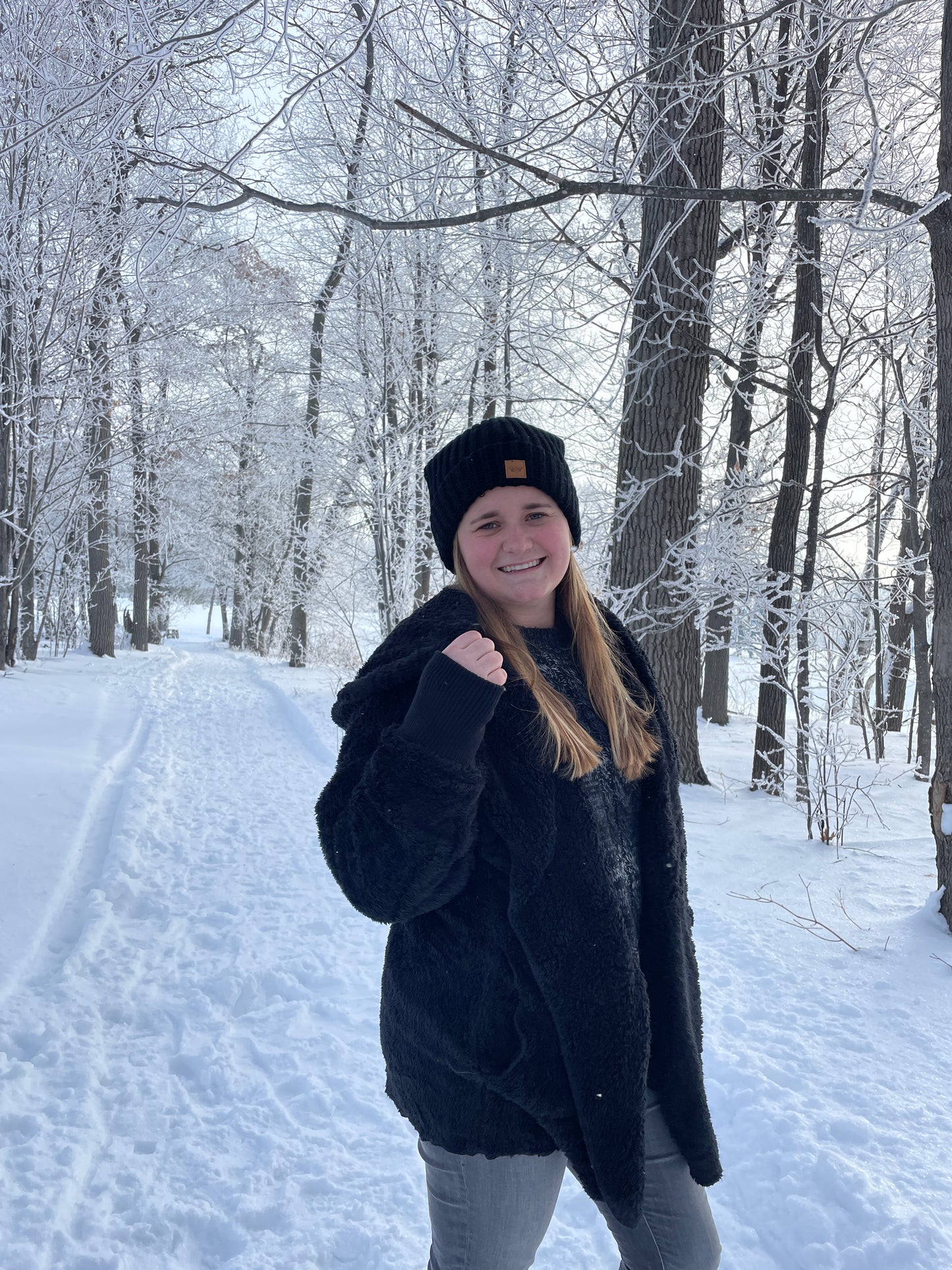 Fur open jacket with a hood
