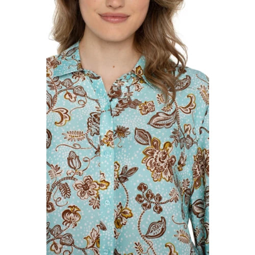 Pastel Turquoise Floral Button up Blouse