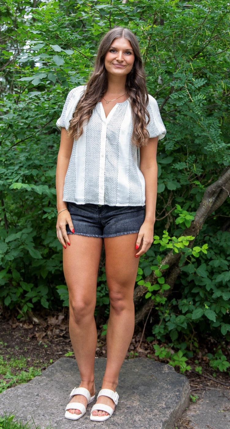 Vintage White Black Stripe Short Sleeve Button