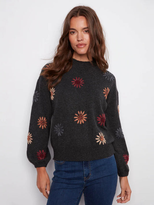 Mock Neck Sweater w/Floral Embroidery