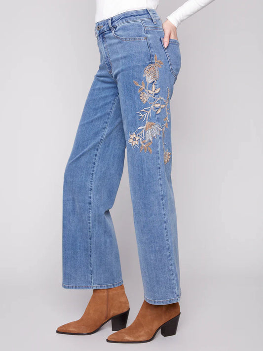 Flower and Sequin Embroidered Wide Leg Pant
