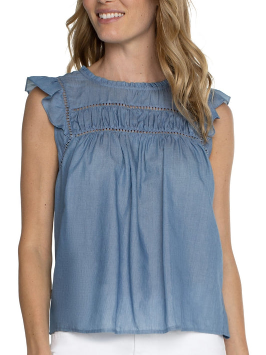 Denim Flutter Sleeve Woven Top