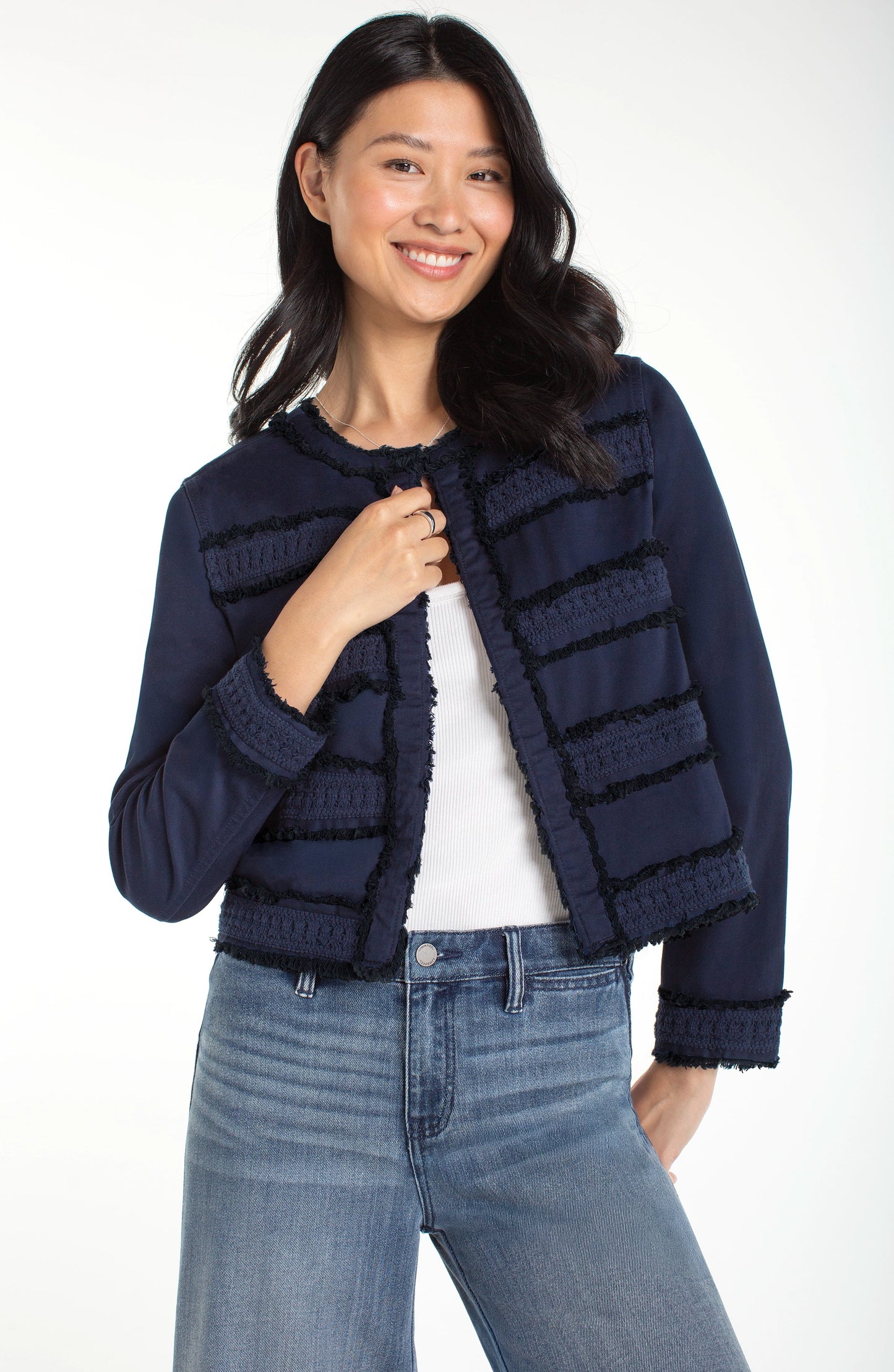 Collarless Jacket w/Fray & Lace