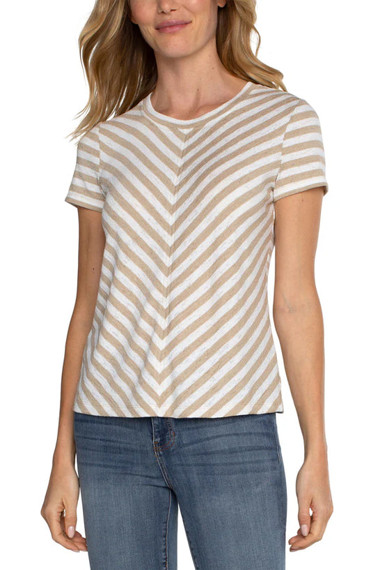 Short Sleeve Knit Top with Miter Cream Tan Stripe