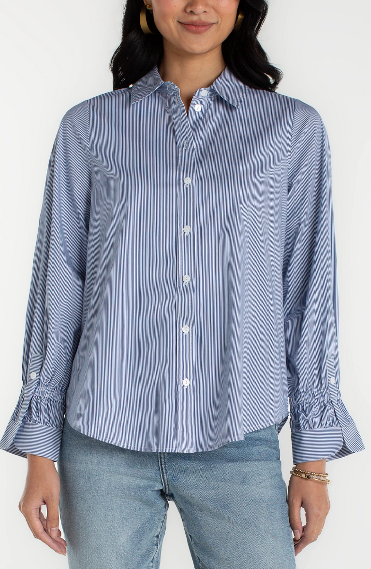 Adjustable Sleeve Button Front Woven Top