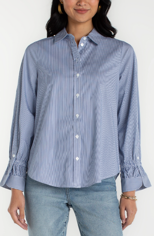 Adjustable Sleeve Button Front Woven Top