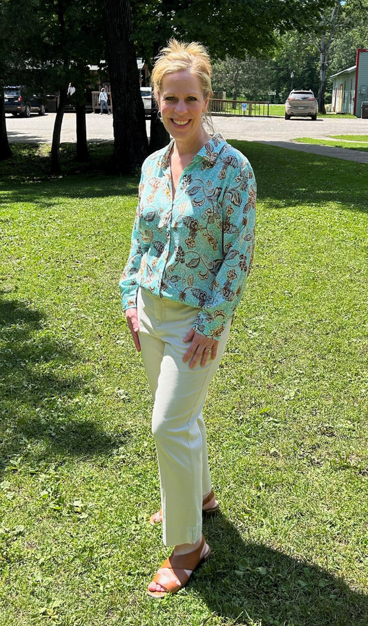 Pastel Turquoise Floral Button up Blouse