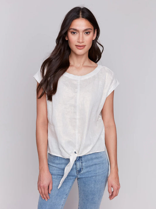 Foiled Linen Blend Tie Front Blouse