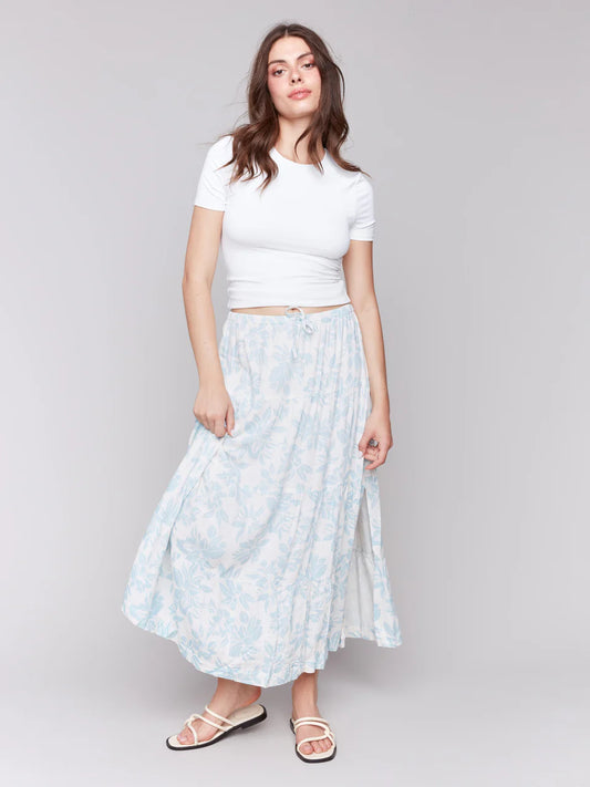 Linen Blend Printed Tiered Skirt