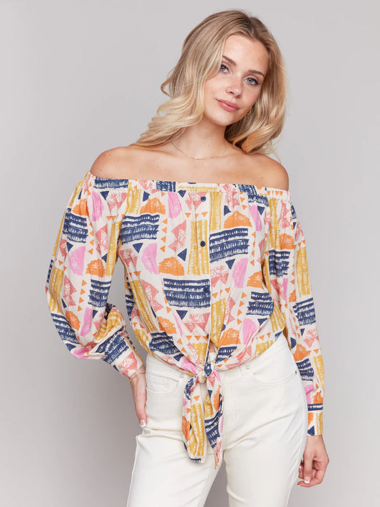 Off-The-Shoulder Printed Blouse W/ Front Tie