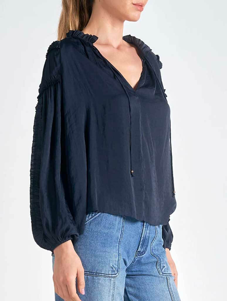 Long Sleeve Tie V-Neck Blouse