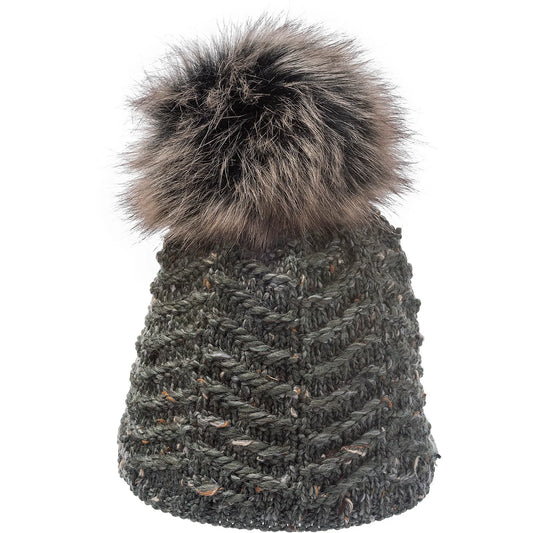 Forest Green Knit Hat with Faux Fur Pom