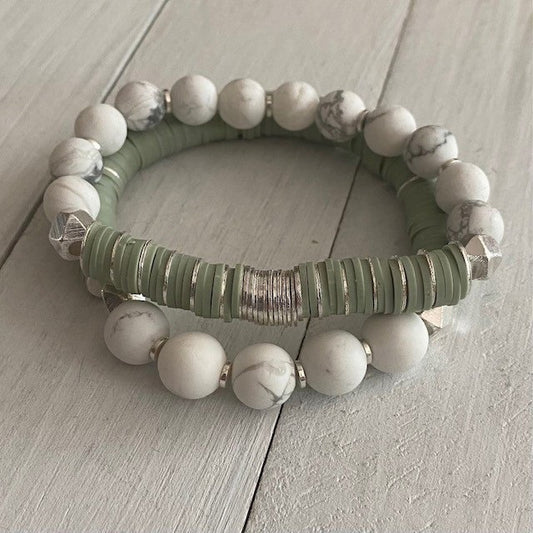 White, Sage Green and Silver Bracelet